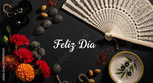Happy Day Message Surrounded by Traditional Spanish Symbols and Flowers