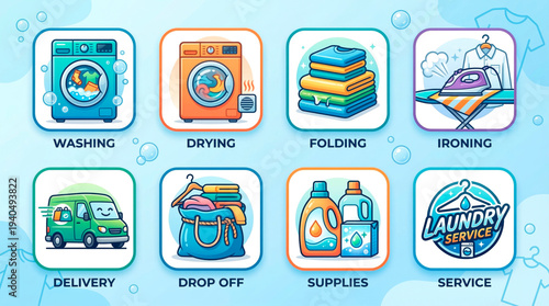 Laundry service process icons washing drying folding ironing