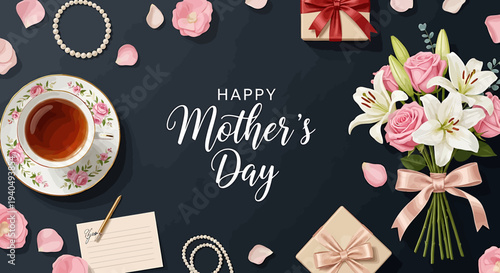 Beautiful Mother's Day gift ideas and floral arrangement, with a cup of tea and a handwritten note