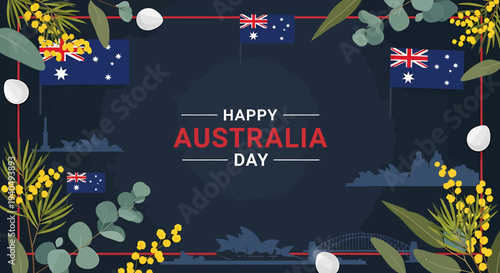 Happy Australia Day Graphic Featuring Flags, Wattle, and Eucalyptus Sprigs with Cityscape Silhouette