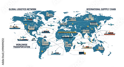 Global logistics network illustration showing worldwide transportation, international supply chain, and freight distribution systems connecting continents