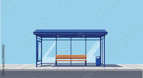 City Bus Stop Shelter with Bench Flat Illustration