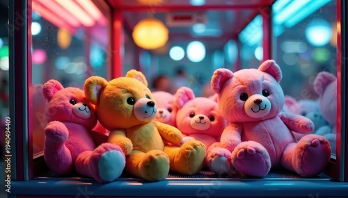 Wallpaper Mural Colorful plush toys scattered on a brightly lit arcade claw machine shelf, arcade prize, arcade games Torontodigital.ca