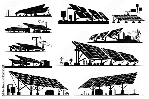 Solar panel silhouettes with power lines and industrial 1