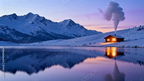 Snowy mountain cabin by lake