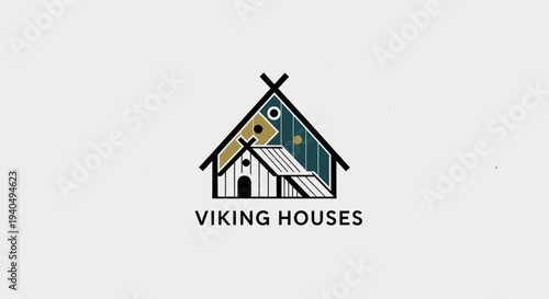 A modern graphic emblem featuring abstract, geometric representations of traditional Nordic dwellings, designed for a housing or cultural heritage brand