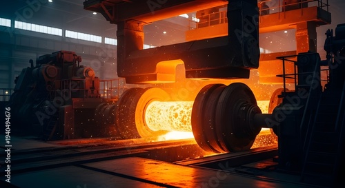 The process of feeding hot steel plates into industrial rolling machines in a factory