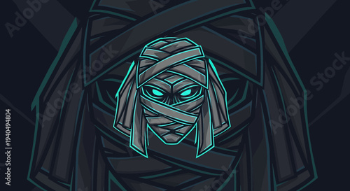 Scary Mummy Head Icon with Glowing Eyes on a Dark Background - Digital Illustration