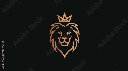 Regal Golden Lion Head with Crown Line Art Logo Icon. Elegant Minimalist King Animal Vector Design on Black Background.