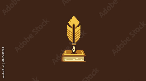 Golden Quill Pen and Book Icon. Symbol of Education, Literature, Writing, Knowledge, Storytelling, and Creativity.