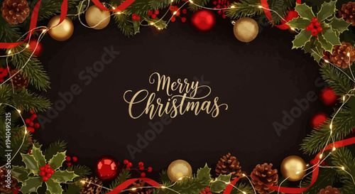 Festive Christmas Wreath with Lights, Ornaments, and Pine Cones, Wishing a Merry Christmas