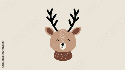 Cute cartoon deer head with antlers illustration. Adorable fawn graphic in a minimalist style, perfect for winter and holiday designs.
