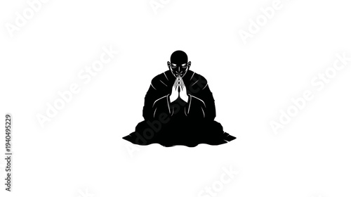 Black silhouette of a meditating monk or spiritual practitioner in prayer pose. Minimalist vector illustration for peace and tranquility.