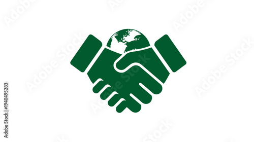 Green global partnership handshake icon symbolizing international environmental cooperation, sustainability, and worldwide agreement