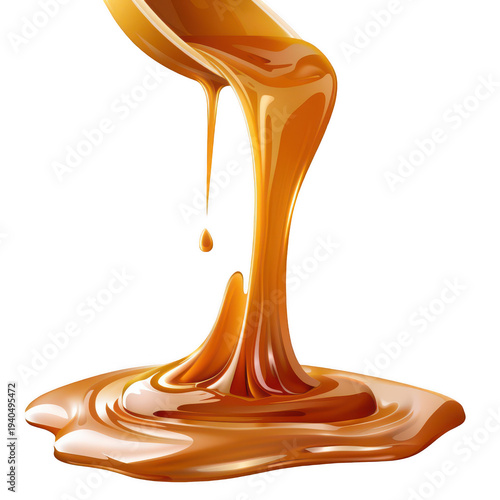 Caramel sauce pouring and dripping isolated on a transparent background