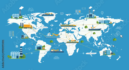 Global logistics and supply chain management illustrated on a world map with various transportation methods and industrial facilities