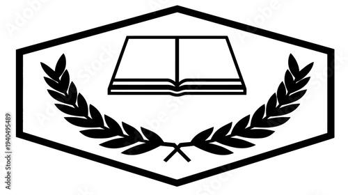 Educational Symbol: Open Book and Laurel Wreath in Hexagon - Knowledge, Achievement, Wisdom, and Learning Vector Graphic