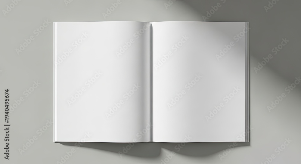 Fototapeta premium Open blank spread book flat lay on muted gray background, mockup design concept