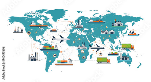 Global Logistics and Supply Chain Management Illustrated on World Map with Transportation Icons