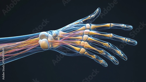 Detailed 3D rendering of human hand anatomy highlighting bones tendons and nerves on a dark blue background