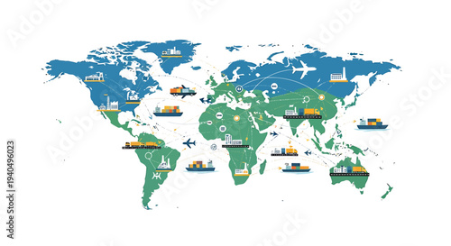 Global logistics network illustrated with ships, planes, and trucks connecting cities across continents