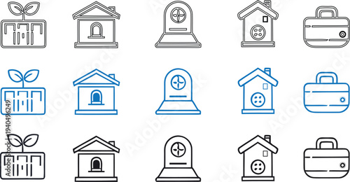 Collection of 15 simple line drawings of houses and planters with various designs