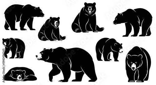 Dynamic collection of various bear silhouettes, stylized and isolated, perfect for nature, wildlife, or forest-themed graphic design projects and logos