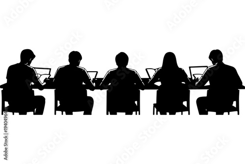 Silhouettes of Five People Collaborating Around a Table