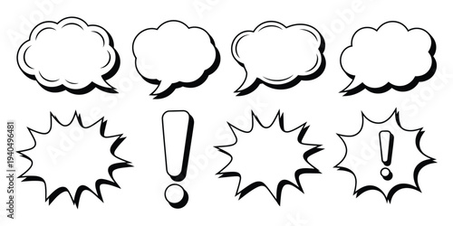 Comic book speech bubbles collection featuring classic black and white line art speech bubbles and starburst shapes. Retro pop art design elements for comic panels, graphic novels,