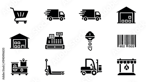 Black silhouette icons of shopping, delivery, and warehouse elements for e-commerce design