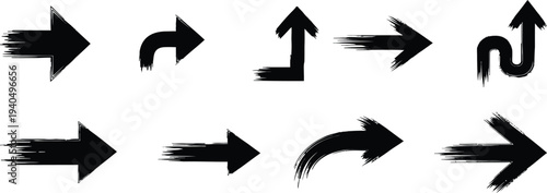 A collection of black brush stroke arrows on a white background