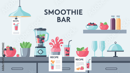 Modern smoothie bar with blender and fresh ingredients in flat design