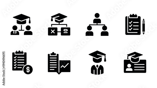 Educational icons set: graduate caps, checklists, and graphs in black silhouette style