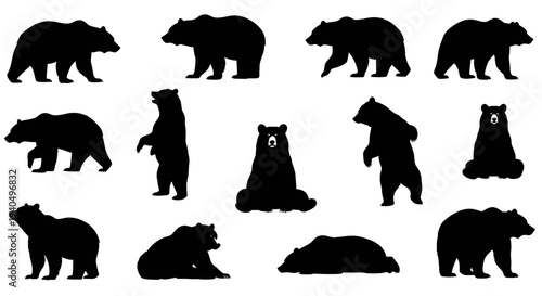 Collection of black bear silhouettes in various poses, demonstrating wildlife and animal nature illustrations