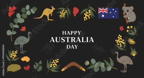 Vibrant Australian themed border illustration showcasing native wildlife and flora, celebrating national heritage with iconic symbols
