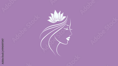 Elegant minimalist line art illustration of a serene woman's profile with a lotus flower for beauty, spa, wellness, and tranquility concepts.