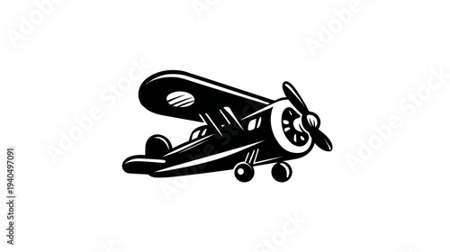 Classic vintage biplane illustration, retro propeller airplane icon in black and white, old flight transport design.