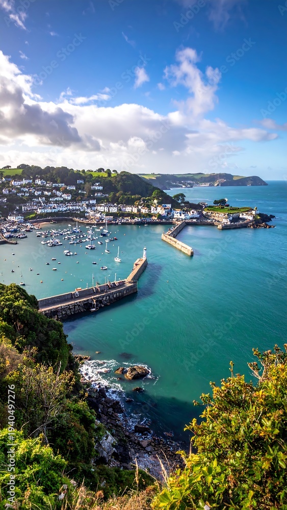 Fototapeta premium Scenic coastal harbor view with turquoise water, breakwater, and hillside town
