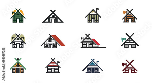 Collection of Viking-style wooden house icons with axe and shield details