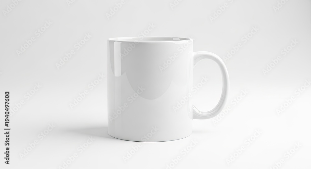 Fototapeta premium Glossy blank white ceramic mug soft neutral studio background, mockup design concept