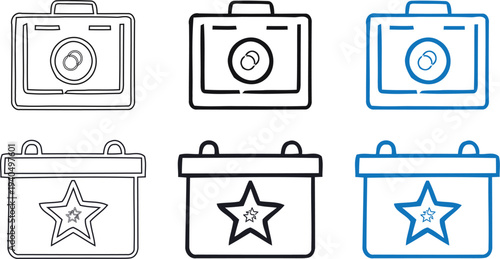 Collection of six outlined icons featuring star and badge designs in various line styles and colors