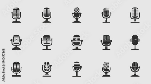 Microphone Icons Vector Set. Collection of Audio, Sound, Studio, Podcast, and Voice Recording Symbols.