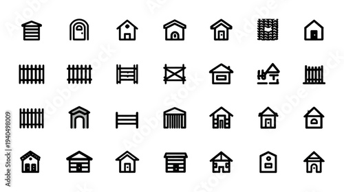 Set of Minimalist House and Fence Line Icons. Collection of Outline Home, Building, Gate, and Shelter Vector Symbols for UI/UX Design.