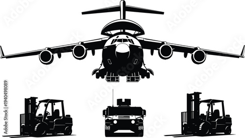 Black silhouettes of airplane and vehicles on white background forklift truck