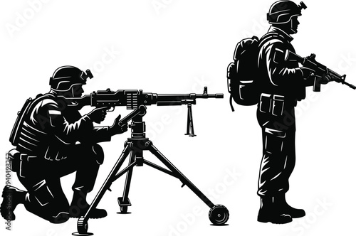 Two soldiers with machine guns in black silhouette on white background military