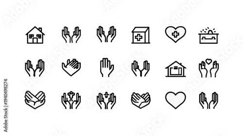 Community Support and Care Line Icons Set: Healthcare, Charity, Volunteerism, Home, and Helping Hands Symbols