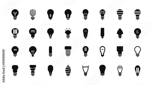 Collection of diverse vector light bulb icons. Various lamp shapes, electric bulbs, innovation, idea, and energy concepts.