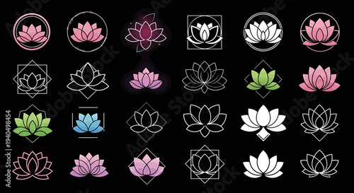 Collection of Lotus Flower Icons and Symbols Representing Spirituality, Peace, and Wellness