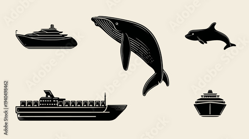 Marine icons set with whale, dolphin, cargo ship, luxury yacht, and various boat silhouettes representing ocean travel and wildlife.