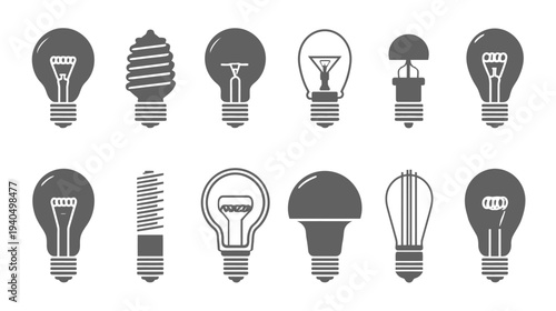 Vector set of diverse light bulb icons: traditional, LED, and energy-saving types, symbolizing ideas, electricity, and innovation.